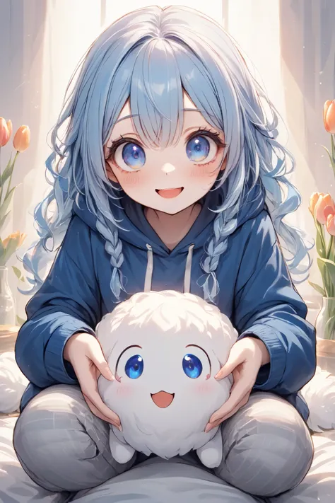 solo,girl:0.7\(okmc,French braided hair on top,light blue hair, long hair, fluffy hair,French braided hair on top, big eyes:1.5, no nose , small mouth,open your mouth:1.5,gentle smile,blue hoodie,gray short pants,knee hight socks,blue and white stripes\)...