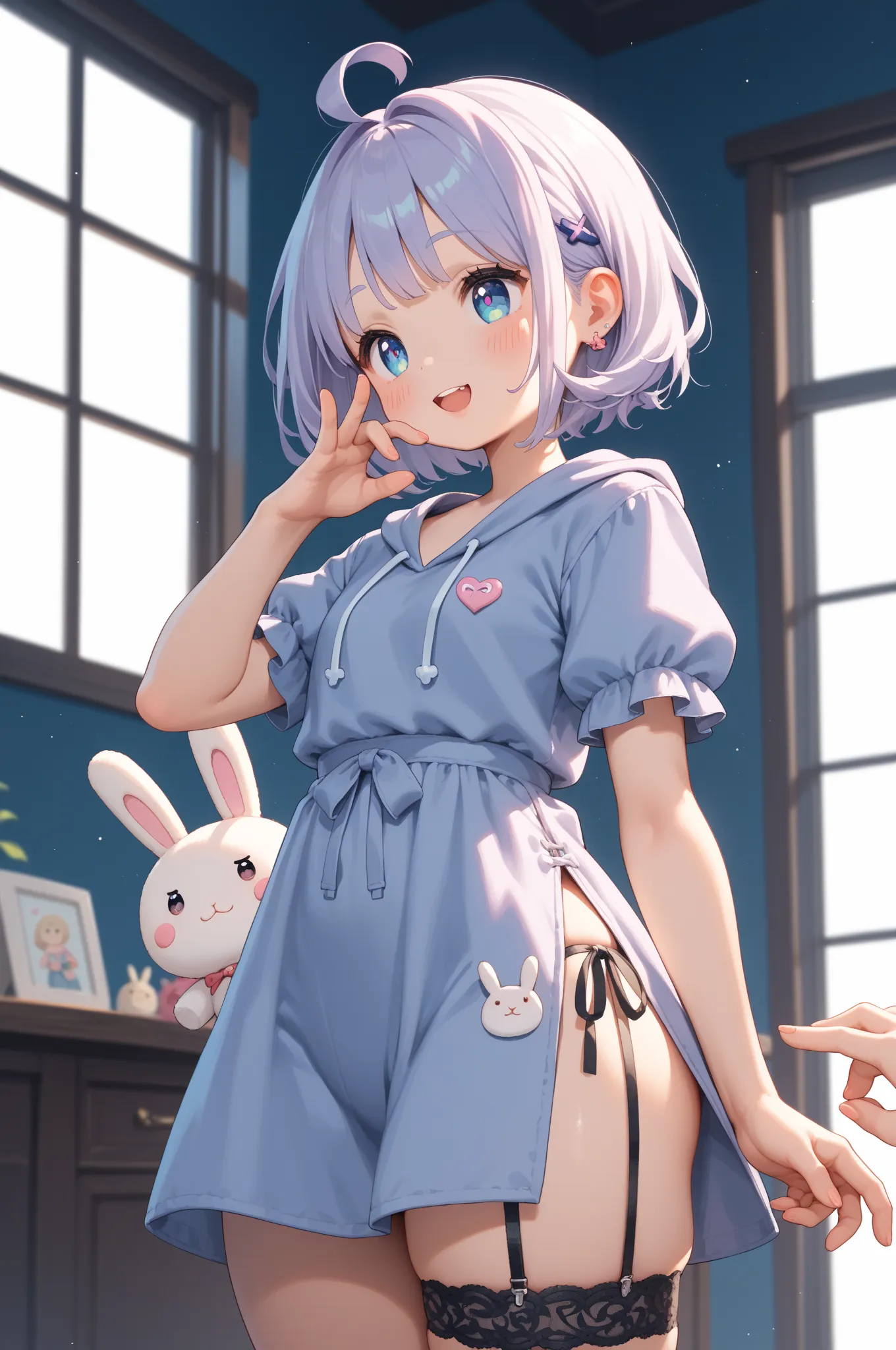 chibi anime , petit girl , round face , show off Thick thighs , bold open side drawstring dress , black garter ring , (heart is beating fast:0.1) , (Rodents tooth) , bold pose , out of frame , looking away , coquettish , stuffed rabbit , turn , night club ...