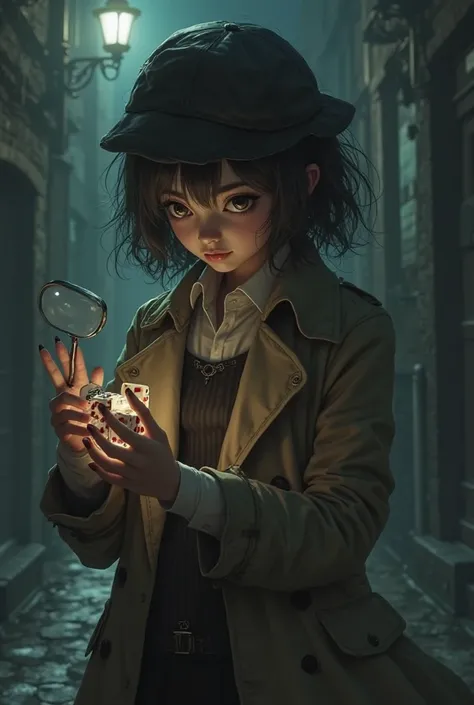 Q full body, Detective Lolita, dice, magnifying glass