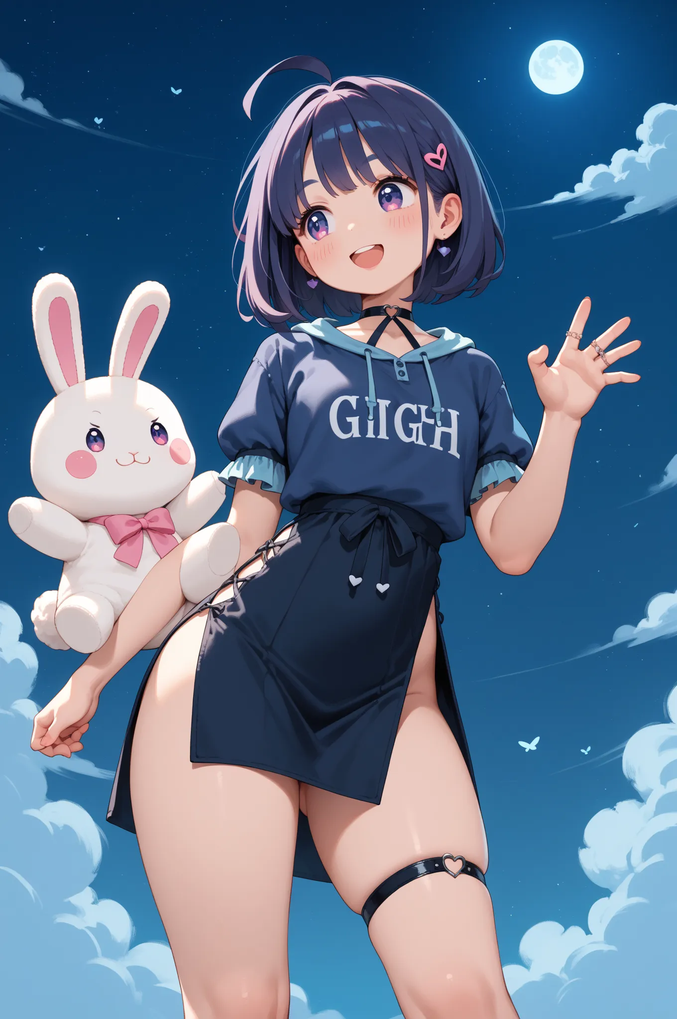 chibi anime , petit girl , round face , show off Thick thighs , bold open side drawstring dress , black garter ring , (heart is beating fast:0.1) , (Rodents tooth) , bold pose , out of frame , looking away , coquettish , stuffed rabbit , turn , night club ...