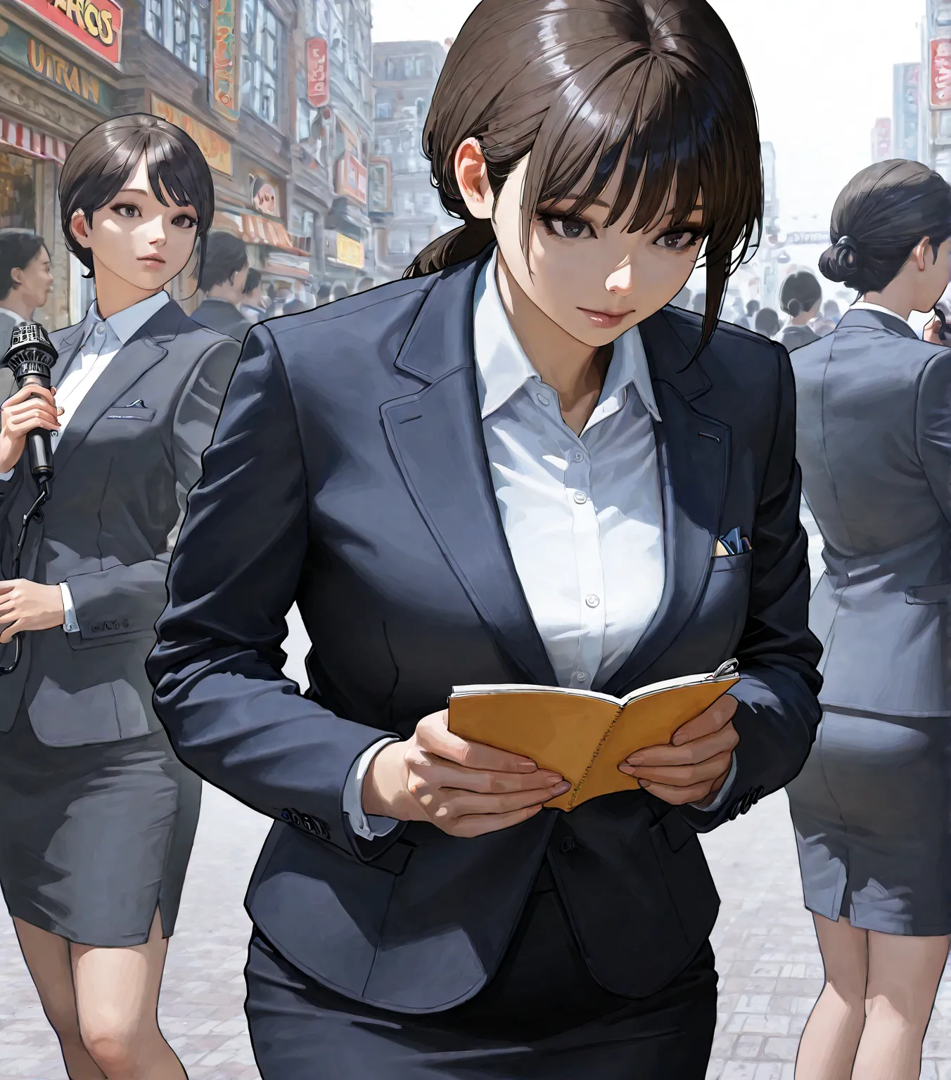 best quality, masterpiece, ultra-detailed, 8k resolution, professional female journalist, wearing a tailored blazer, white blouse, and pencil skirt, holding a microphone and a notebook, standing in a busy urban street with people and cars in the background...