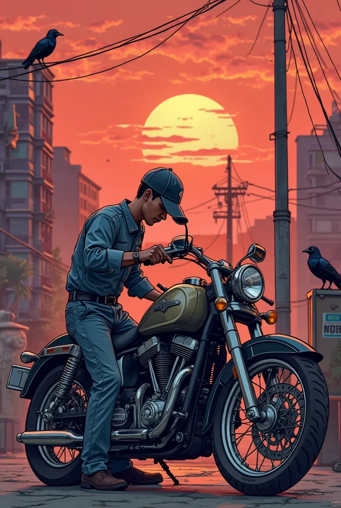 In Plaza Venezuela,in Caracas, Venezuela at dawn a mechanic is fixing a motorcycle, with a jumpsuit and can see that it is stained with grease and the sky is dyed red and two crows are watching from a pole. Illustrate it like a cartoon