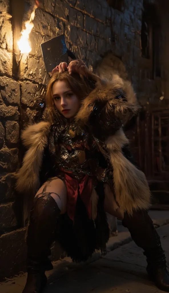 Barbarian woman dressed in furs and leather armour carrying a huge axe. She is leaning against a castle wall.  On the wall above her is a burning torch which casts light downwards around her. ultra realistic, high-angle shot, night scene, flickering light,...