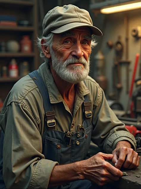   mechanic，elder ，Wearing work clothes，wearing a hat，full of stories