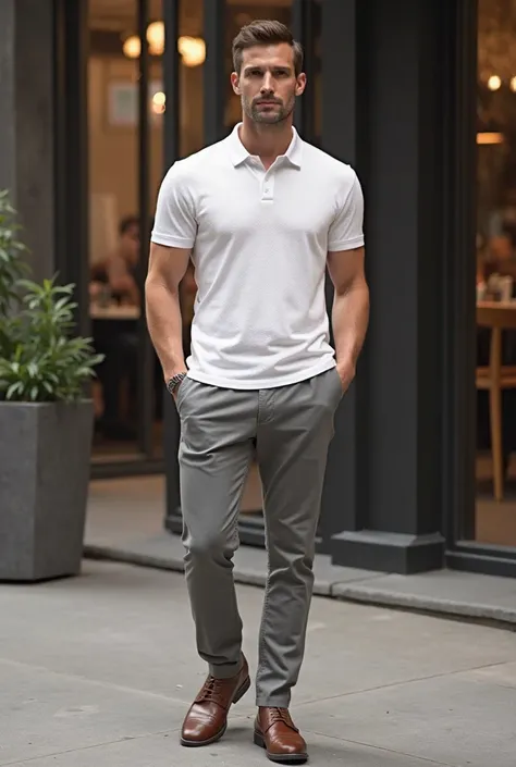 white polo loose gray slacks brown shoes