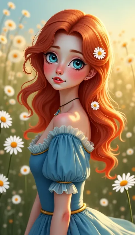 A realistic portrait of a 25-year-old woman with red hair in soft waves and a small, a single pretty beautiful daisy in her hair, with big blue eyes and freckles on the cheeks and nose, gentle look at the viewer, open lips ,  small nose , she wears an azur...