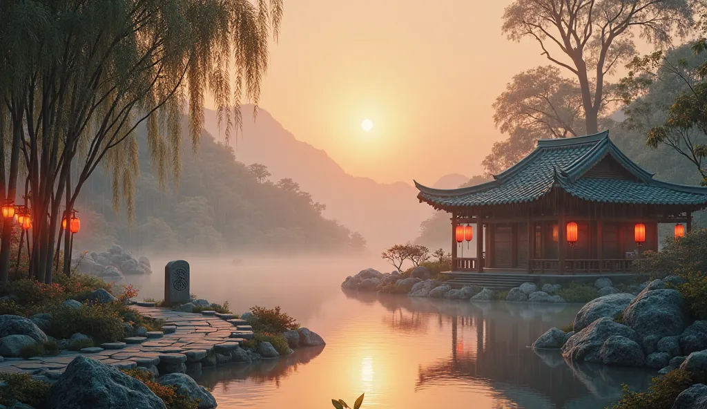 *"A tranquil Chinese garden at twilight, with a carefully balanced composition. On the left side (or right side), a traditional Chinese house with a slanted tiled roof stands, partially obscured by mist. A large, ancient stone near the house is engraved wi...