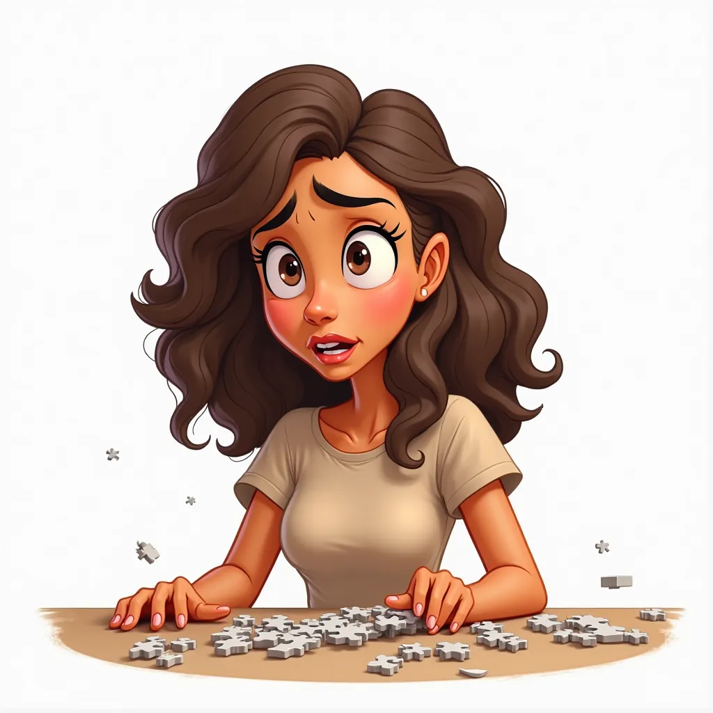 **Cartoon-style Prompt in Toon Boom Harmony (White Background):**

**Scene:**  
A **27-year-old woman** with **light tan skin** and **long curly brown hair** sits at a table, surrounded by scattered **puzzle pieces**, looking **confused** or **frustrated**...