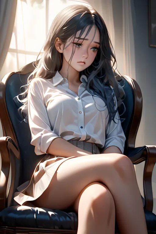 masterpiece, best quality, Beautiful girl, Beautiful Face, beautiful eyes, shirt, skirt, sitting in a chair with tears flashing, Cross legs, Big Breasts, Cutting,