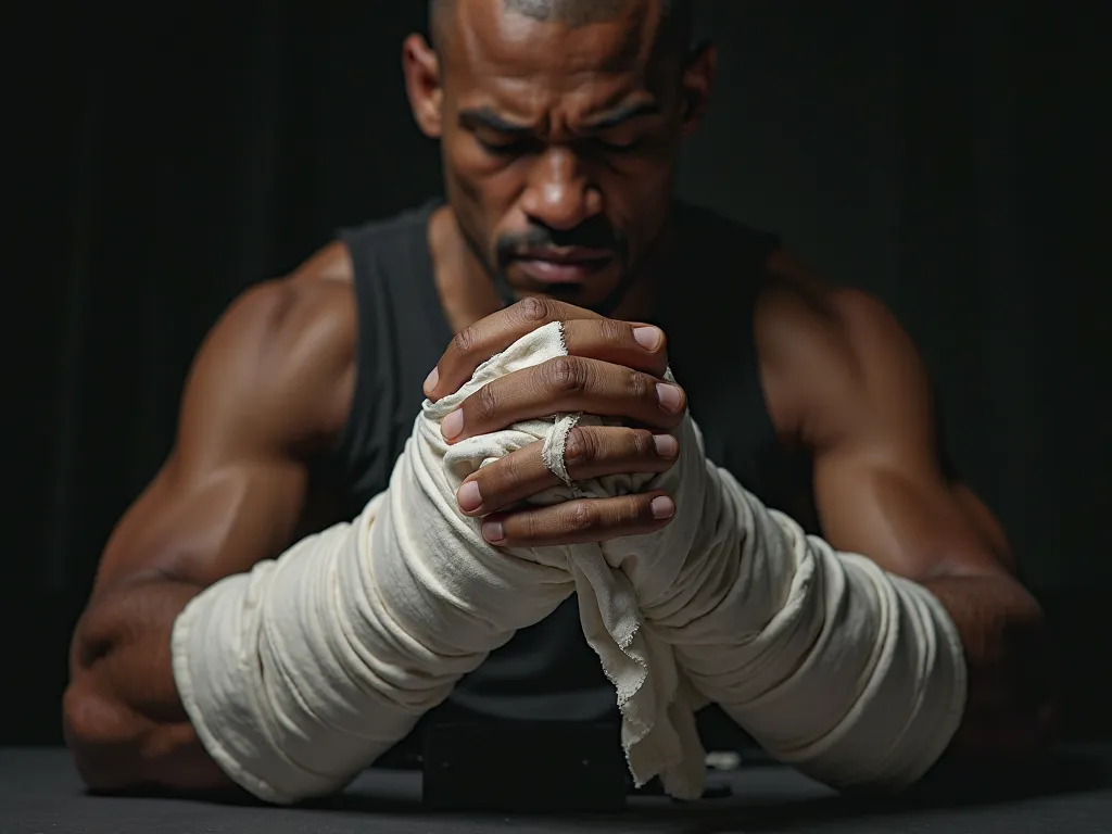 a fighter's hands rewrapping with white boxing bandages folding a praying person in a tiv