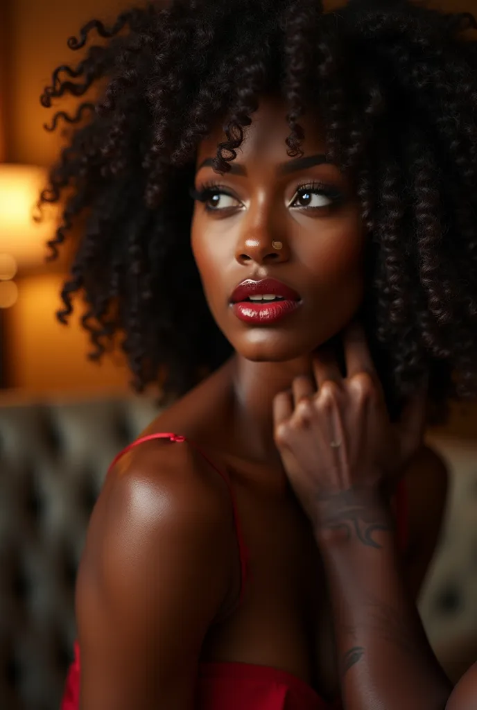 A captivating romantic book cover featuring a stunning Black woman, her radiant beauty partially concealed as only half of her face is visible. Her glossy lips glisten under the warm, ambient lighting, drawing attention to her irresistible allure. A pair o...