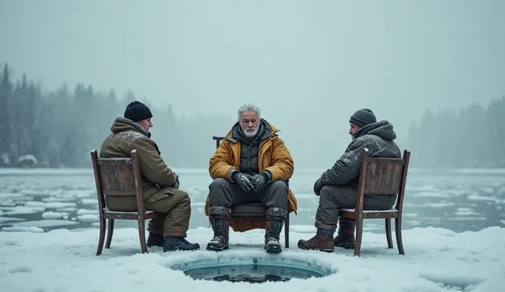 Photo of fishermen on winter fishing, they sit on chairs that stand on the ice and fish from the hole, grandfather is cracking under them.  cloudy weather. Super realism 4k
