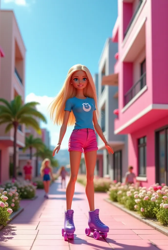 Realistic image of Barbie in pink shorts, tshirt azul, Riding stylish purple roller skates, On Rua Rosa do Condominium, with gardens on the sidewalks,  Current and colorful model houses, several ren taking a walk, and Chelsea playing on Dreamhouse's pink p...