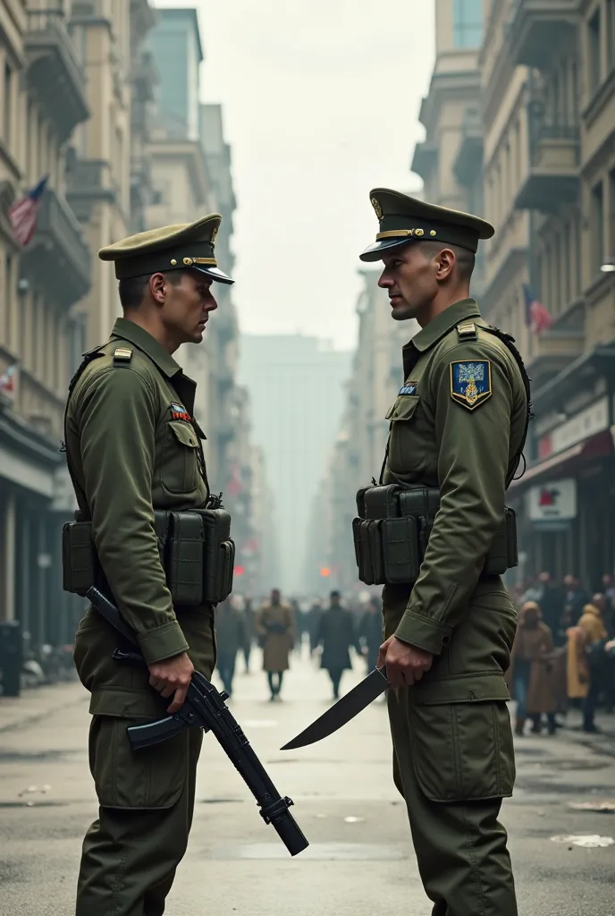 two men at a distance from each other in military uniforms, one with a weapon in his hands pointing at another man, and the other with a knife in his hands are standing opposite each other . On the street in an urban city, men are made in a fantastic style