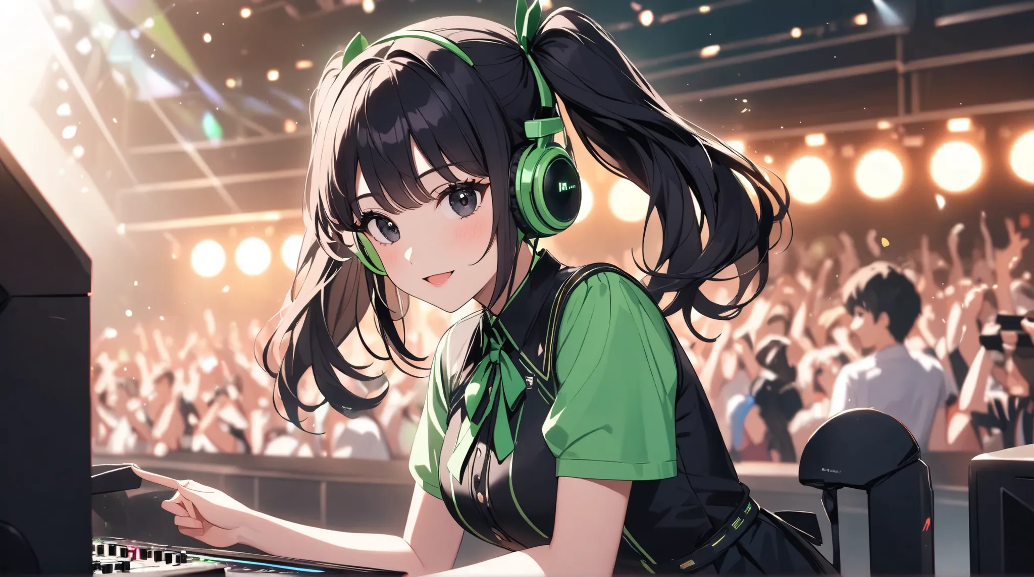 one girl,She is DJing in front of a large audience,her is energetic and smiles as he reacts to the fans' support,A woman wearing a japanese high school style uniform.A woman wearing a miniskirt,shocking green in color,She likes the color shocking green. gr...