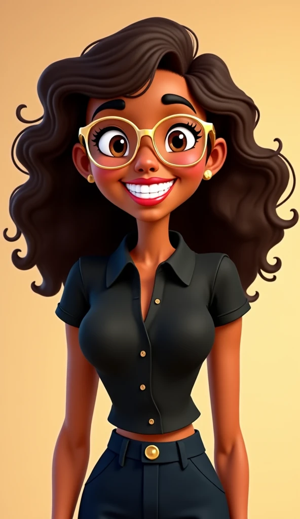 Create a Disney-style image showing a young woman with brown skin and dark curly hair that falls over her shoulders. She is wearing gold-framed glasses and her brown eyes she is wearing and one with a black dress shirt with dress pants with black dress sho...