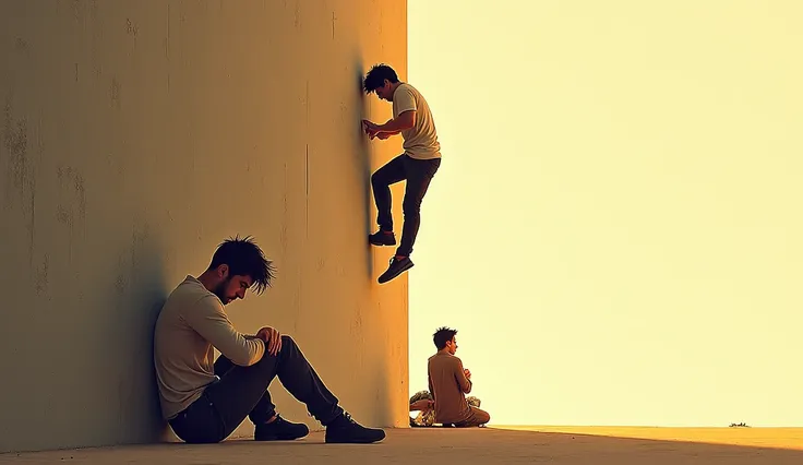 Two male figures in front of a high wall: one of them is sitting on the ground with his head down; the other is climbing the wall with difficulty. The sunlight illuminates only the figure who is climbing.