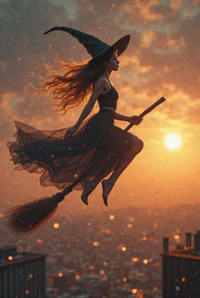 A young beautiful witch with developing hair flies on a broom over the evening city