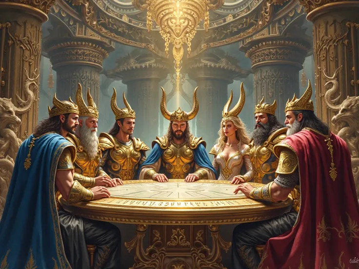 DISPLAY AN IMAGE OF THE MAIN GODS OF ASGARD AROUND A TABLE