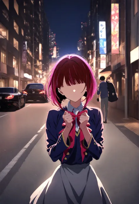 1girl, 1girl, arima kana, oshi no ko,school_uniform, sensitive,solo,city street,empty street,night,looking behind, perfect hands, perfect face,BREAK 2man,behind,faceless man,Big black car in background, masterpiece, high score, great score, absurdres