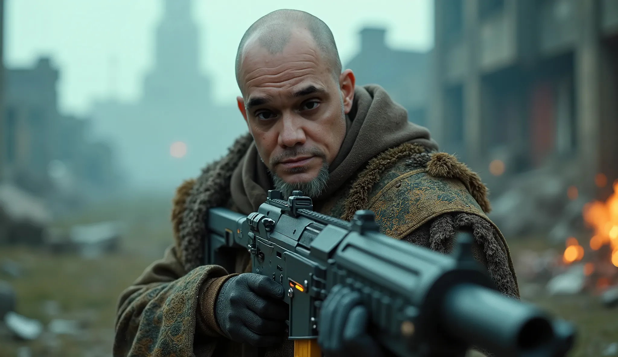 cinematic close up front photograph of bald man, dark eyes, he wears dirty and ragged futuristic Scottish style clothing and holds a large futuristic weapon in his hands, he is standing on a battlefield in the background many ruins and smoke, 80s style sci...