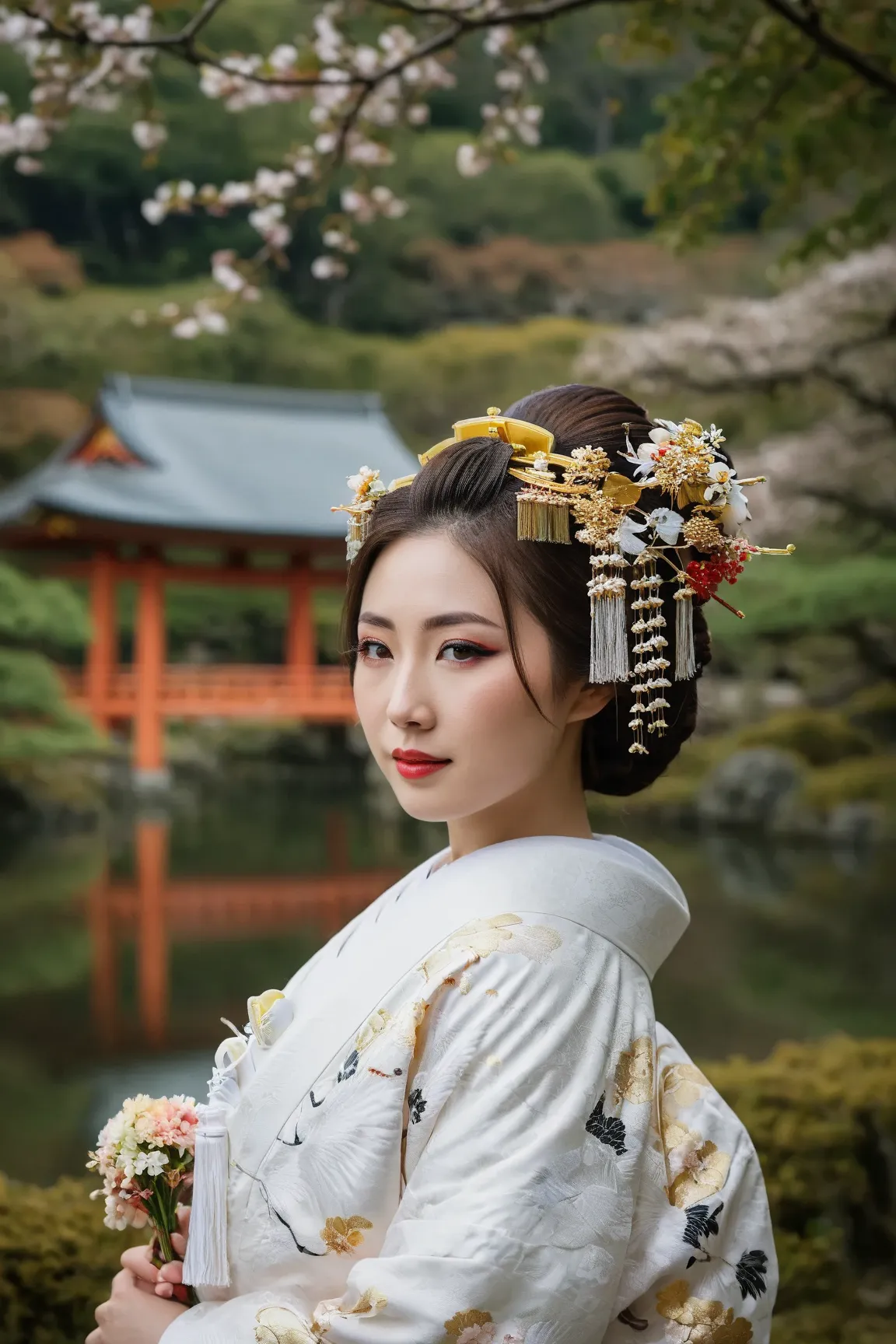 A beautiful young Japanese bride is photographed wearing a beautiful white Shiromuku kimono, standing gracefully in a traditional Japanese landscape. Her delicate face is divine, with large almond-shaped double eyelids, a beautiful nose, porcelain white sk...