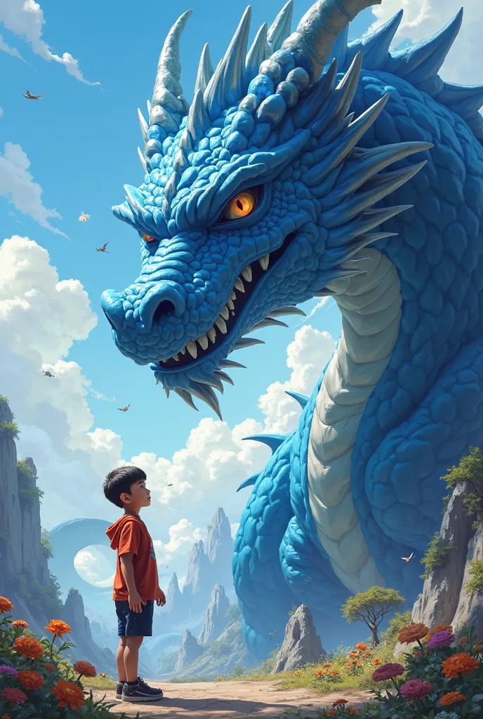 there is a young boy standing next to a  blue dragon  statue, illustration from Android Jones's storybook,   trending on polycount  , fantasy art,  small character . unreal engine 5,  blue dragon , fantasy style 8k octane render,  3D epic illustrations ,  ...