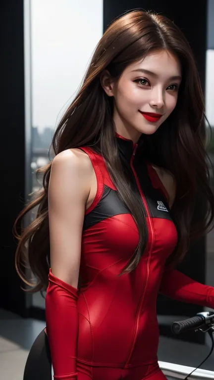 woman , long hair brown, normal, dark, she is solo, from alternative world ,best quality, realistic, cycling (full light red color) suit and cycling sports black shorts, she is stand , smile, red lipstick , 