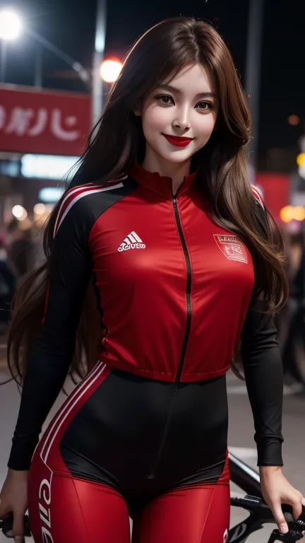 woman , long hair brown, normal, dark, she is solo, from alternative world ,best quality, realistic, cycling (full light red color) suit and cycling sports black shorts, she is stand , smile, red lipstick , 