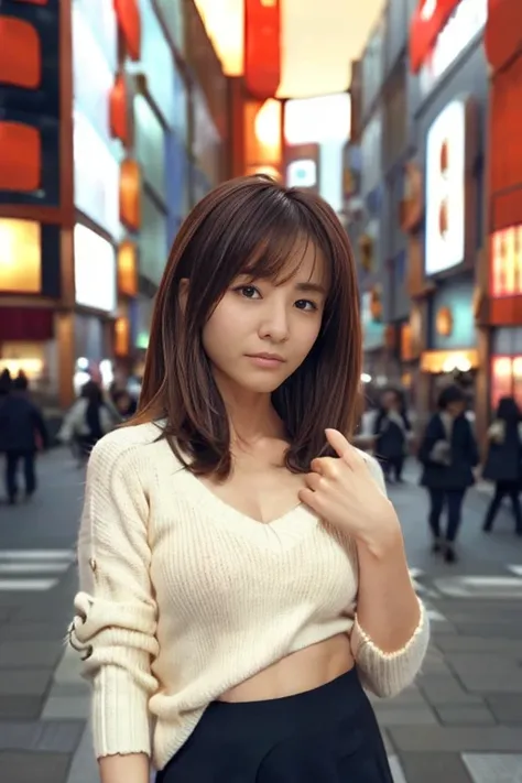 Product quality, 1 girl, Cowboy Shot, Front view, Young and pretty girl in Japan, At night, Wearing a knitted sweater, Wearing a mini skirt, (View your audience:1.2), (Looking into the camera:1.5), ((In the city of Ginza:1.5)), Super cute face, Glossy Lips...