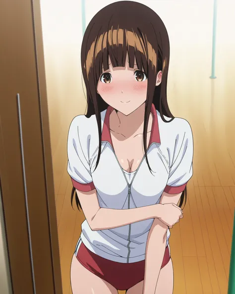 Alone, one girl, Azuki Miho,  Hair, brown eyes, long hair, blunt bangs, (cowboy shot), small breasts, cleavage, (shy), (blush), (smile), (buruma), ( sexy pose), ( Sports), score_9, score_8_up , score_7_up , source_anime, best quality