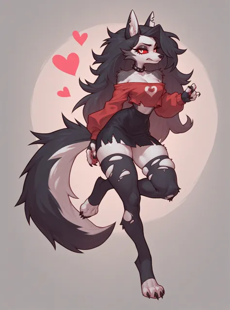 Girl alone, Luna hellhound, furry fursona, gray tears, with black hair, black tail and white skin, red eyes, in a torn skirt a pink heart is drawn, high quality SFW, (Hell Boss), background room behind acne morning