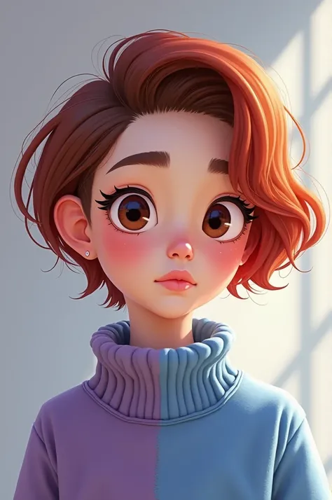 Une image de dessin animé une femme, peau claire, au cheveux court d'un côté et très court de l'autre, châtain rouge, au yeux marron, avec un sweat bleu et violet 