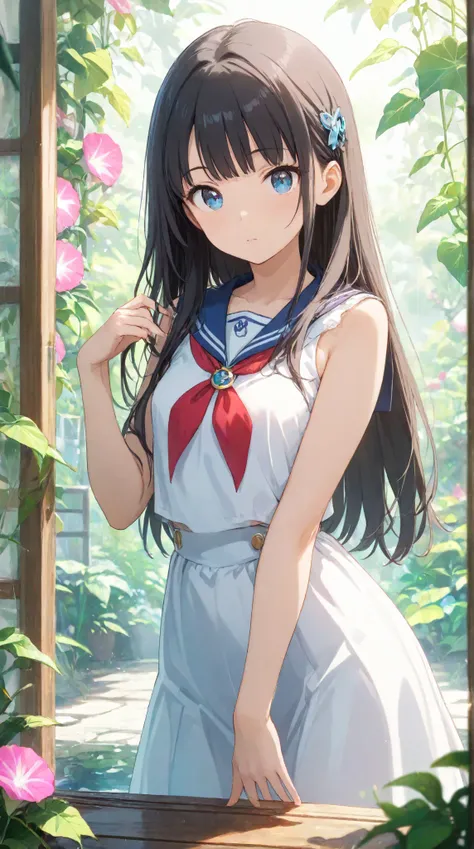 masterpiece,large breasts, long hair, (Black Hair 1.5) , bangs, （1 girl 1.5）,big eyes, Hair Ornaments , 18 years old、Bust Focus、watching viewers，full body,,cheerful, sailor suit、rain、Morning Glory