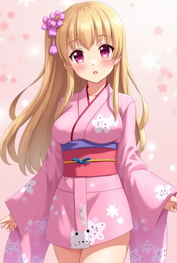 Sexy anime girl 18+ Cute pink eyed blonde wearing a pink short kimono with light purple touches with cute bunny and cherry blossom pattern Big breasts Huge ass slightly open kimono revealing a little inner line incredibly sexy long hair