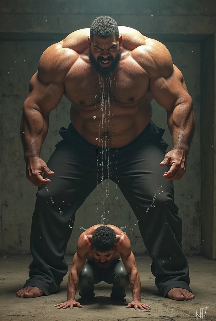 A scene where a large man spits clear liquid from his mouth into a small man's face.The big man is standing and the small man is kneeling in front of the big man.