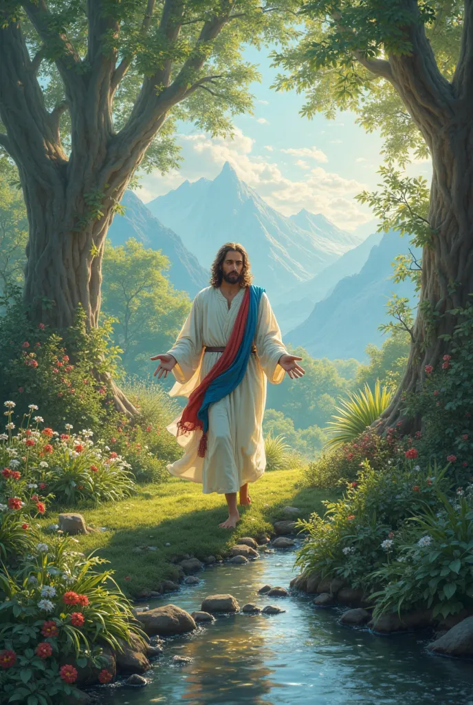 To create Jesus walking in a garden frayed with green trees very strong and fried frores blue purple pink and yellow Jesus walks through the trees looking seriously and happy on the horizon mountains and clouds with immense spiral shapes in the garden have...