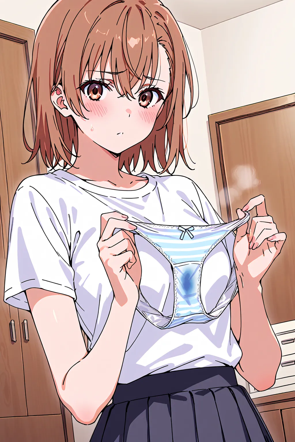 Beautiful Girl、Misaka Mikoto、pleated skirt、blush、 girly room、chest of drawers、chest of drawersの引き出しが開いている、chest of drawersの中には下着、panties in hand、holding panties with both hands、steam from panties、chest of drawersが開いてる、shows off her panties、Crotch、panties c...