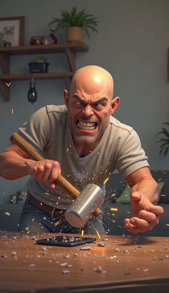 A high-quality, ultra-realistic animated image capturing Bald Shine—a bald-headed character in his 40s with a smooth, reflective scalp—mid-action in a burst of raw frustration. Bald Shine is dressed in a casual, fitted t-shirt, his face contorted with inte...