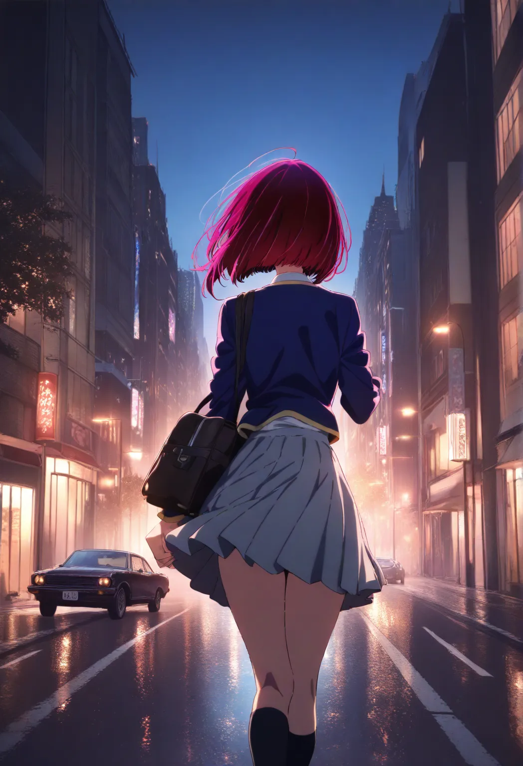 1girl, 1girl, arima kana, oshi no ko,school_uniform, sensitive,solo,city street,empty street,night,looking behind,scare,Big balck car next, perfect hands, perfect face, masterpiece, high score, great score, absurdres