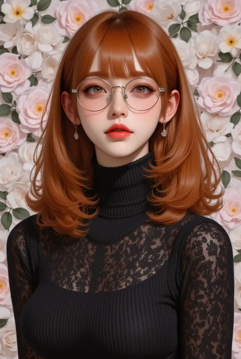 8k, masterpiece, highest quality, Beautiful Women, Close-up, frontal viewpoint, Red hair, pale skin, orange-red lips, large eyes, round glasses, ((medium breasts, breasts apart, (erect nipples, covered nipples:0.7), sultry bombshell)), black turtleneck kni...