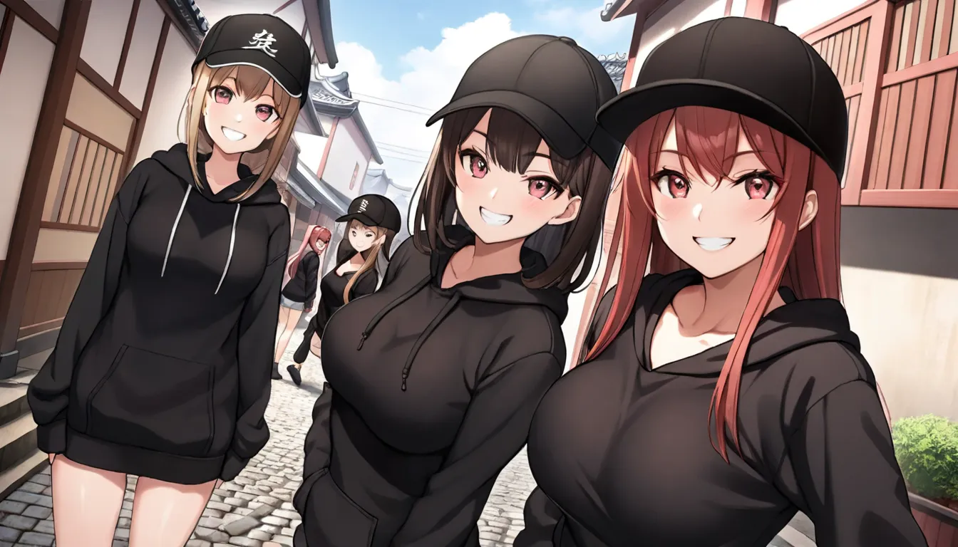 (( masterpiece , Top Quality , dynamic angle ))、((( 3 girls , a simple design Black hoodie , a simple design black cap , big breasts , small breasts , grin , smile , serious )))、( detailed face , Edo , streets, cobblestone lanes )