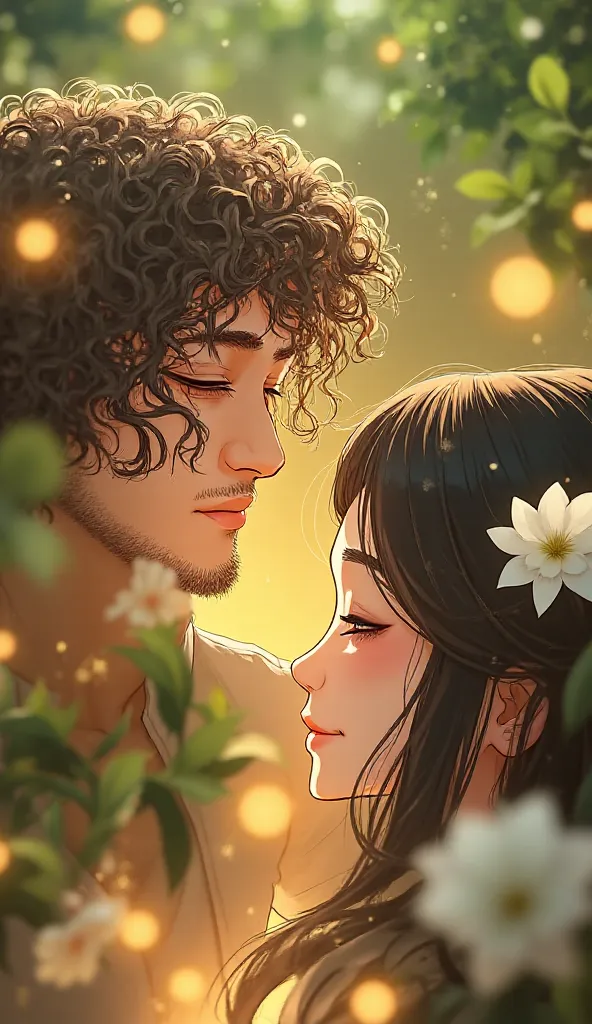 A mesmerizing anime-style illustration of a romantic couple in a warm, dreamy setting. The man has thick, voluminous curly hair, a neatly groomed beard, and a peaceful expression as he tenderly kisses the woman’s forehead. His face radiates love, his eyes ...