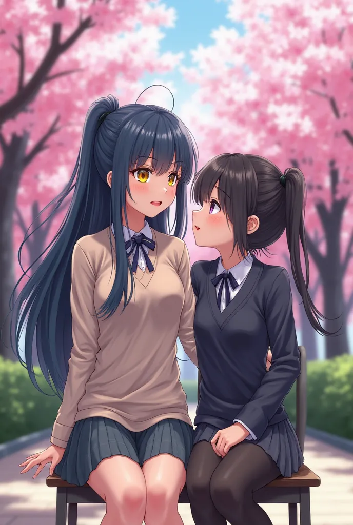 Anime painting 2 school girls. 
The first person with long charcoal blue hair, yellow eyes are female
Second person with dark hair tied in ponytail, purple eyes are schoolgirls and taller than the first 
The background is the school yard where they sit in ...