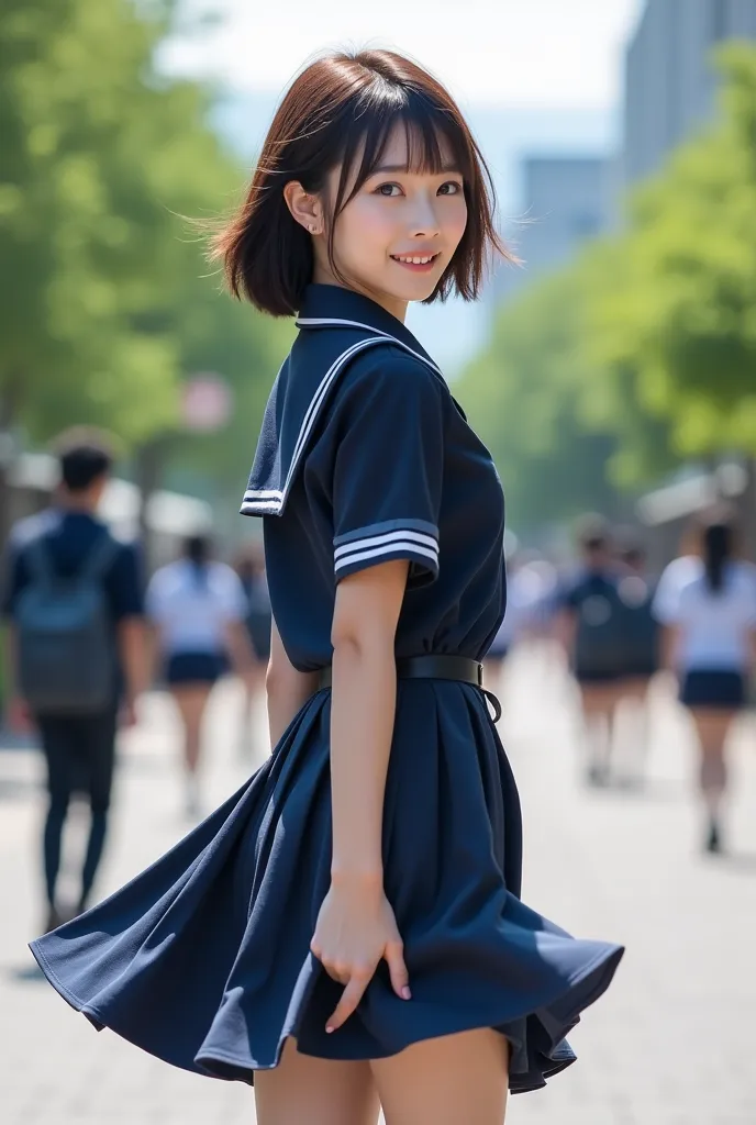 A photo of a beautiful Japanese actress taken for a promotional video. . Shooting data: Full-frame digital camera, 50mm, f14.1/125sec, iso100, daylight 1girl,18yo smile (((Bobcut)))　big eyes　round face　High school girl, uniform, short length, lots of stude...