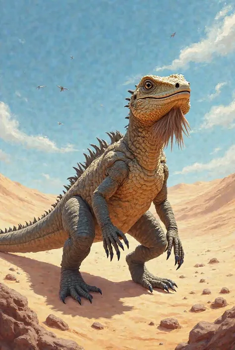 Design a large, desert-dwelling reptile that has evolved to survive extreme drought and harsh conditions. Its body should be covered in thick, armored scales in shades of tan, brown, and gray, allowing it to blend into the sandy and rocky terrain. A row of...