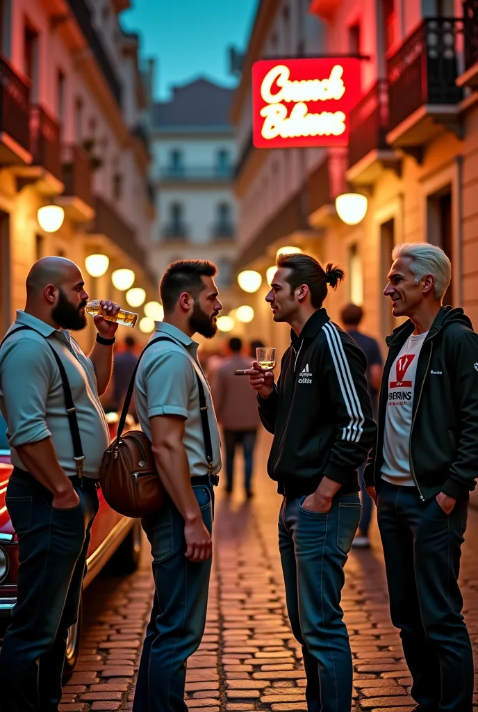 A cinematic, hyper-realistic scene set in the heart of a European city at night, with a vintage aesthetic. The atmosphere is lively, with narrow cobblestone streets filled with people engaged in conversation and drinking. The surrounding old buildings exhi...