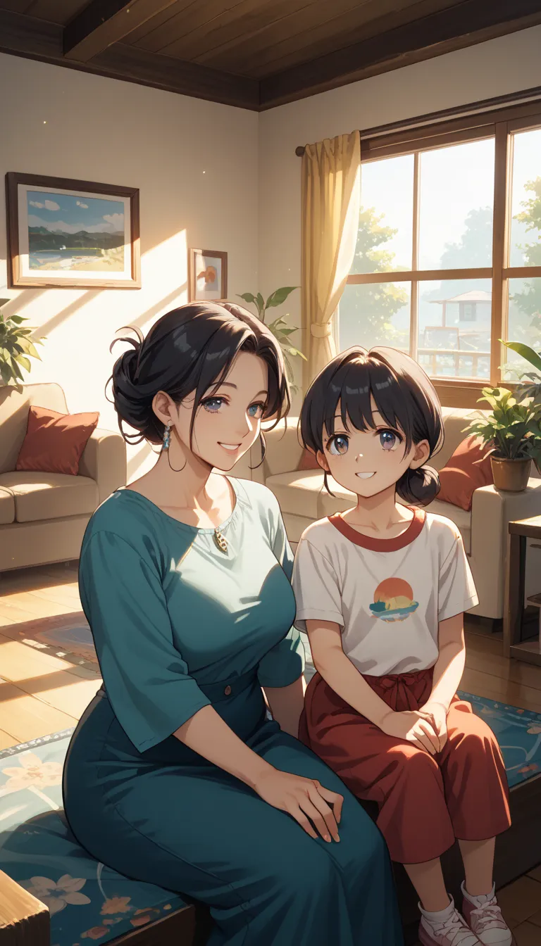 score_9, score_8_up, score_7_up, source_anime, Living room, Sitting, Two women, Mother and daughter, Mature woman and girl, Parents and Len, Black hair, Large window, Sunlight shining through the window, Smile, Facing each other with a smile, Loungewear, H...