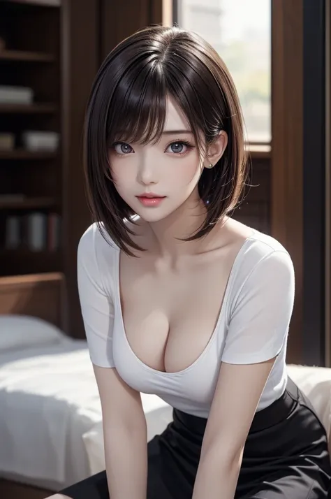 1girl, angled view, straight bob hair, ultra-realistic, highly detailed, ((high resolution)), (high quality, masterpiece:1.2), wearing a white top, black skirt, Ultra-detailed eyes, perfect eyes, beautiful detailed face, (((very beautiful))), natural makeu...