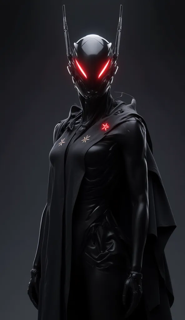 A stylized, digital artwork of a humanoid figure with a futuristic aesthetic. The figure wears a smooth, reflective helmet with two pointed protrusions extending upwards, illuminated with a red glow. The body is mostly a dark silhouette, wearing a dark, fl...